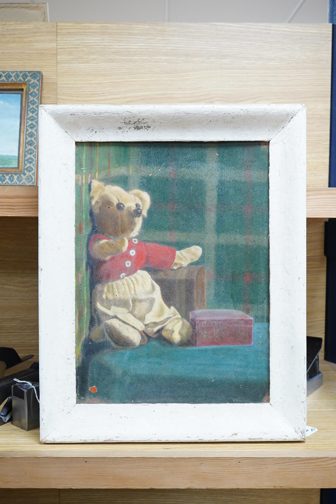 Maitland Dougall, Still life of a Teddy bear beside boxes, unsigned, inscribed in pencil verso, oil on board, 38 x 28cm